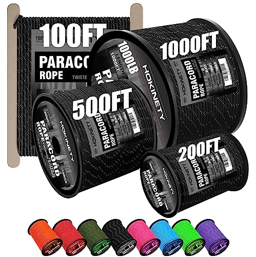 Reflective Paracord Rope 1000Ib - 200ft 4mm 12 Strand para Cords Lanyard Utility Parachute Cord for Tent Camping Hiking Fishing Survival Tactical Clothesline DIY Projects Black