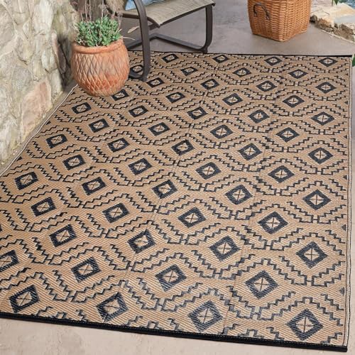 Outdoor Rugs - Reversible Mats, 5'x8' Plastic Straw Rug for Patio Clearance Waterproof, Indoor Outdoor Area Rug Carpet for Outside, RV, Deck, Picnic, Beach, Trailer, Camping(Black & Brown)