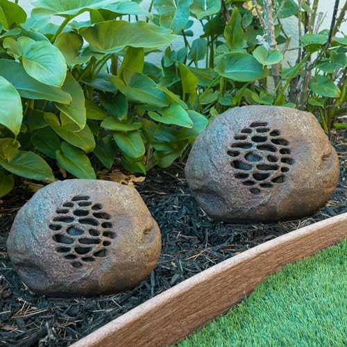 Alpine Corporation Waterproof Bluetooth Solar-Powered Outdoor Wireless Rock Speaker – Set of 2