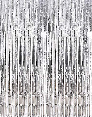 2 Pcs 3.2ft x 8.2ft Shiny Silver Metallic Tinsel Foil Fringe Curtains Photo Booth Backdrop for Birthday Wedding Bridal Shower Holiday Celebration Bachelorette Party Decorations