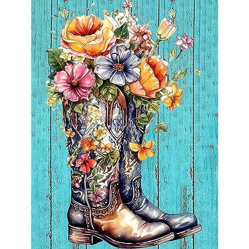 Miairivy Diamond Painting for Adults, 5D Flower Cowboy Boots Full Drill Diamond Art Kit, DIY Floral Gem Painting Set, Home Wall Decor Gifts Paint by Diamonds (12X16 inches)