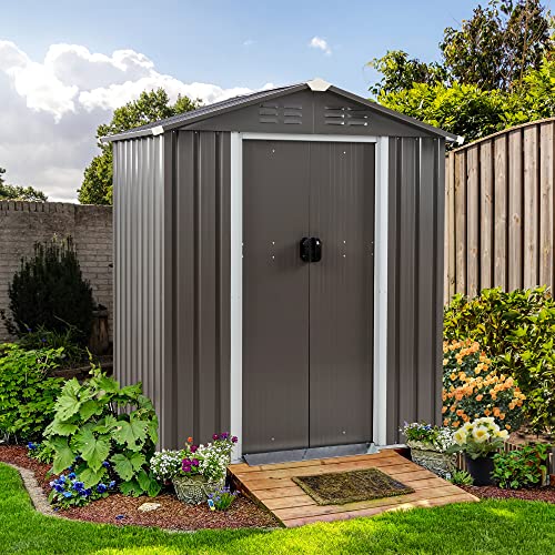 Shintenchi 5x3 FT Outdoor Storage Shed,Waterproof Metal Garden Sheds with Lockable Double Door,Weather Resistant Steel Tool Storage House Shed for Yard,Garden,Patio,Lawn, 5FT x 3FT Beige grey