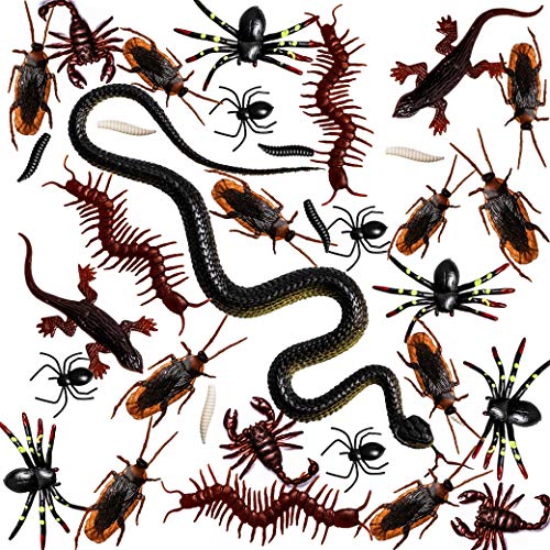 Whaline 148 Pieces Plastic Bugs Trick Joke Decoration Scary Insects Fake Snake Cockroaches Spiders Halloween Party Favors April Fools Day Decoration (9 Types)
