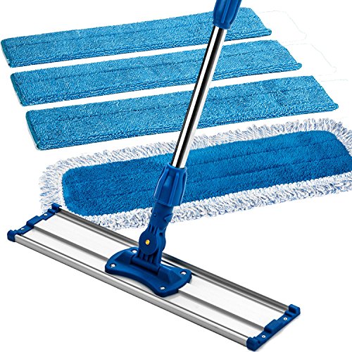 Zflow 18' Professional Microfiber Mop - Commercial Stainless Steel Handle With Microfiber Dust Pad + 3 Microfiber Wet Pads