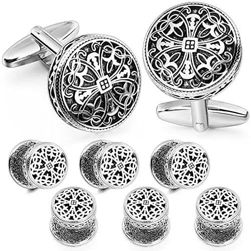 HAWSON Vintage Cufflinks and Tuxedo Shirt Studs for Men Retro Flower Pattern Best Wedding Business Gifts for Men with Box