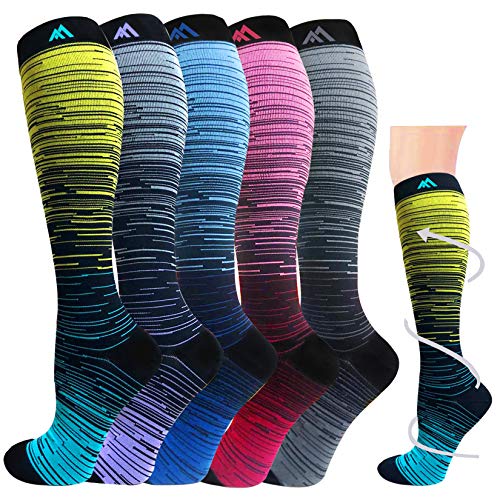 5 Pairs Graduated Compression Socks for Women&Men 20-30mmhg Knee High Socks Compression Stockings Athletic Socks(Multicoloured 1, Large/X-Large(US SIZE))