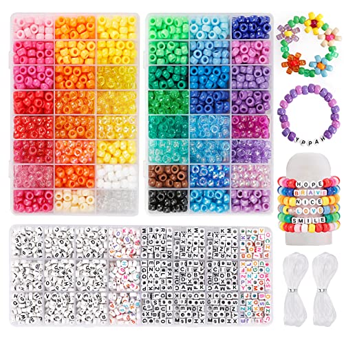 QUEFE 3960pcs Pony Beads for Friendship Bracelet Making Kit 48 Colors Kandi Beads Set, 2400pcs Plastic Rainbow Bulk and 1560pcs Letter Beads with 20 Meter Elastic Threads for Craft Jewelry Necklace