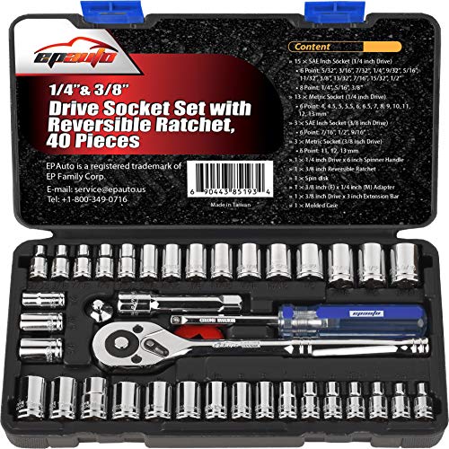 EPAuto 40 Pieces 1/4-Inch & 3/8-Inch Drive Socket Set with 72 Tooth Reversible Ratchet