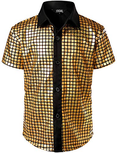 JOGAL Boy's Dress Shirt Sequins Button Down Shirts 70s Disco Party Costume 10 Gold