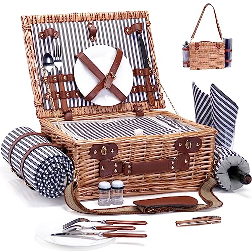 Picnic Basket with Blanket and Wine Pouch for 2 Wicker Picnic Set with Insulated Liner Cooler Bag Hamper for Camping,Wedding,Valentine Day,Gift - Reinforced Handle, Stripes