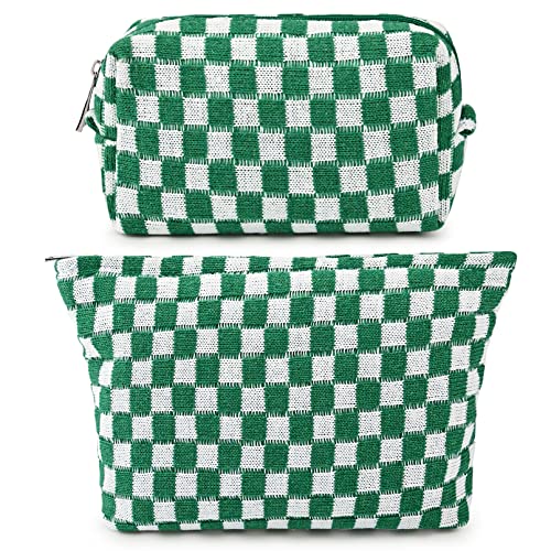 SOIDRAM 2 Pieces Makeup Bag Large Checkered Cosmetic Bag Green Capacity Canvas Travel Toiletry Bag Organizer Cute Makeup Brushes Aesthetic Accessories Storage Bag for Women