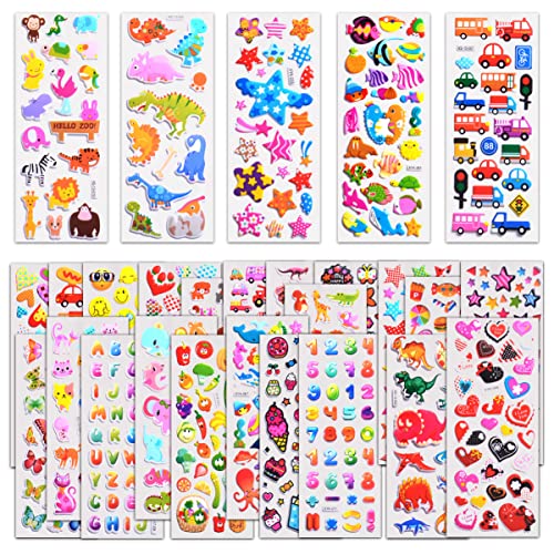 Stickers for Kids 1000+, 3D Puffy Stickers 40 Different Sheets, Cute Stickers Variety Pack for Kids Scrapbooking,Gifts, Rewards Including Animals, Stars, Fishes, Hearts, Dinosaurs, Cars and More