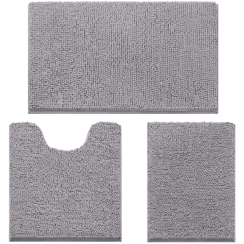 HOMEIDEAS 3 Pieces Bathroom Rugs, Ultra Soft Non Slip Absorbent Chenille Toilet Bath Mat Set (Grey)