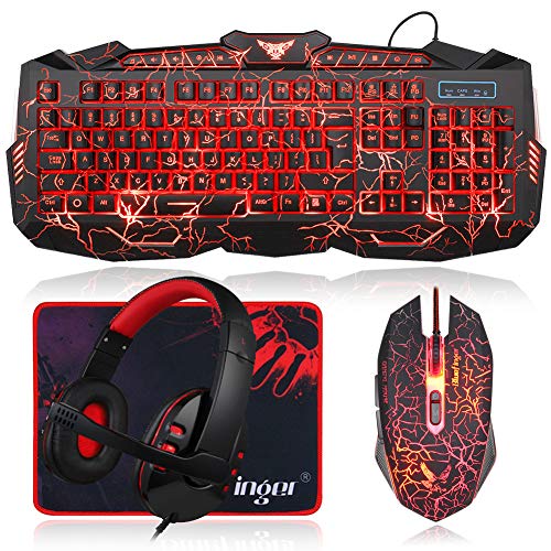 BlueFinger Gaming Keyboard Mouse Headset Combo,USB Wired Crack Backlit Keyboard,114 Keys Letters Glow LED Keyboard,Red LED Light Headset for Laptop PC Computer Work and Game
