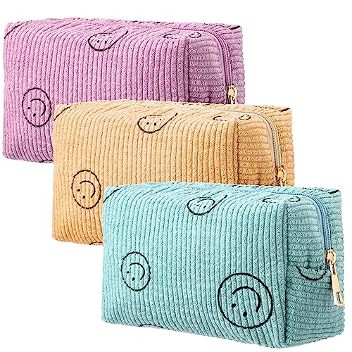 Photect 3 Pcs Corduroy Cosmetic Bag Smile Face Aesthetic Preppy Makeup Bag Corduroy Toiletry Aesthetic Pouch Travel Smile Bags for Women Purse Corduroy Makeup Organizer (Pink, Yellow, Green, Classic)