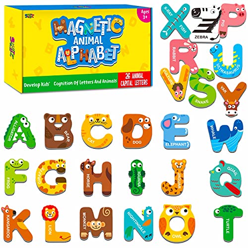 Large Size Magnetic Letters, Cute Animal Alphabet ABC Magnets for Fridge Colorful Uppercase Animals Toys Set Educational Spelling Learning Games for Kids, Toddlers 3 4 5 Years Old