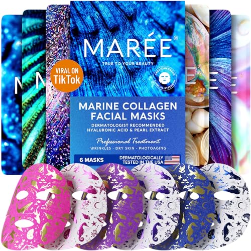 MAREE Facial Masks with Marine Collagen & Hyaluronic Acid - Sheet Moisturizing Masks for Face with Green & Red Algae Extract for All Skin Types - Hydrating Skin Care Mask with Pearl Extract - 6 Pack