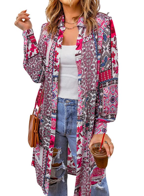 Dokotoo Womens Fashion Casual Geometric Floral Print Long Sleeve Button-Down Summer Vacation Long Cardigans Beach Coverup Rose XX-Large