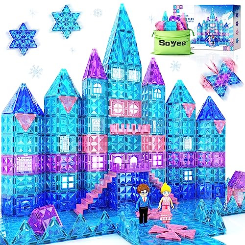 Frozen Toys for Girls Magnetic Tiles 102pcs with 2 Stairs 2 Dolls Princess Castle Building Toys Girls Toys Age 4-5 6-8 Magnetic Blocks Birthday Xmas Gifts for Girls Toys for 3 4 5 6 7 8+ Year Old