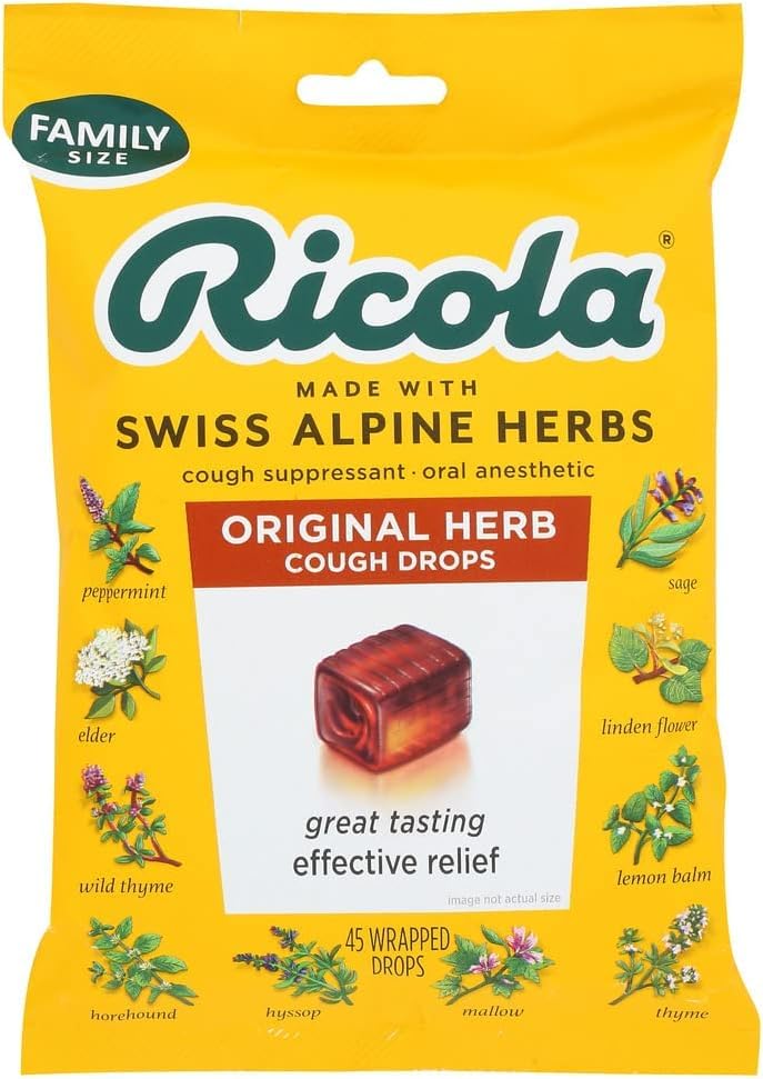 Ricola Original Herb Cough Drops, 45 Count, Cough Suppressant & Throat Relieving Drops with Naturally Sourced Menthol, Pleasing Herbal Taste for Coughs & Throat Irritation Symptom Relief