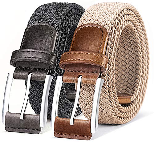 BULLIANT Belt for Men 2Pack,Mens Gift Stretch Braided Web Belt Elastic for Casual Golf Jeans,1 3/8'(Beige/Dark Gray,30'-34' Waist Adjustable)