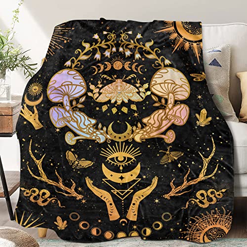 Mushroom Decor, Moth Moon Blanket Witch Gifts for Women Zodiac Witchy Hippie Fleece Blanket Gothic Gifts Sun Moon Throws Blanket 60'x 50'