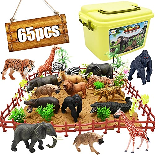 65PCS Safari Animal Figurines Toy Set, Realistic Jungle Zoo Figures with Elephant, Lion, Giraffe, Fence, Puzzle Blocks for Kids Ages 3-8