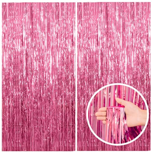 2 Pack Pink Backdrop Party Decorations Tinsel Curtain Party Backdrop Foil Fringe Birthday Decorations Photo Booth Streamer Backdrop Pink Theme Bachelorette Graduation Party Decorations
