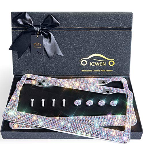 Bling License Plate Frames with High End Ribbon Gift Box,2 Pack Rhinestone Handcrafted Crystal Premium Stainless Steel License Plate Frame for Women,Party,Birthday,Xmas
