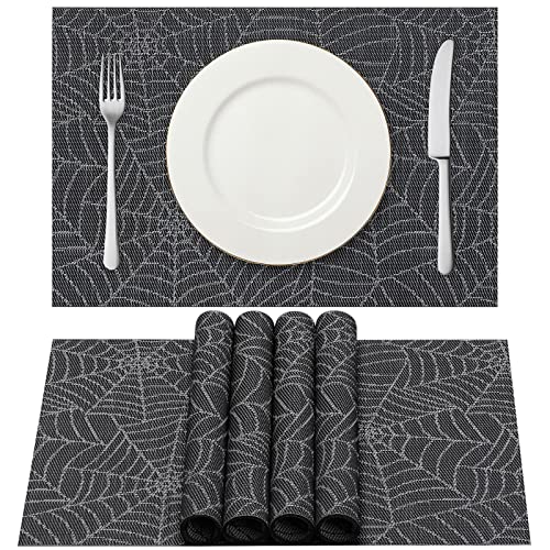 AHHFSMEI Halloween Placemats Set of 6 for Dining Table Washable Woven Vinyl Non-Slip Placemat Heat-Resistant Durable Table Mats for Dining Table Easy to Clean (Grey Cobweb)