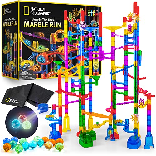 NATIONAL GEOGRAPHIC Glowing Marble Run – 250 Piece Construction Set with 50 Glow In The Dark Glass Marbles & Storage Bag, STEM Gifts for Boys and Girls, Building Project Toy (Amazon Exclusive)