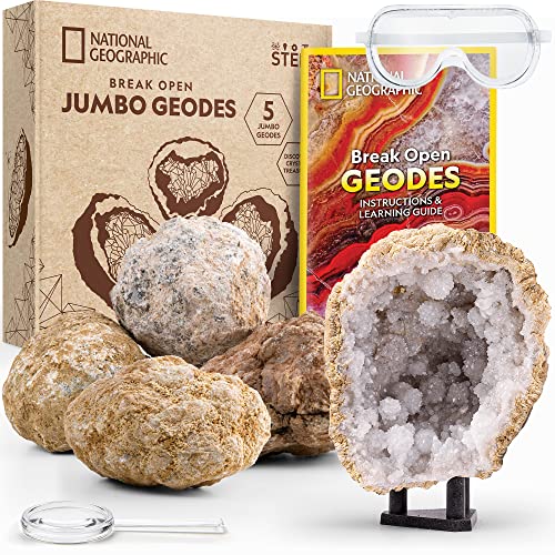 NATIONAL GEOGRAPHIC Break Open 5 Jumbo Geodes - Earth Science Kit with 5 Premium, Extra-Large Geodes with Crystals, Goggles & Display Stands, Science Gifts, Fun Stuff for Kids (Amazon Exclusive)