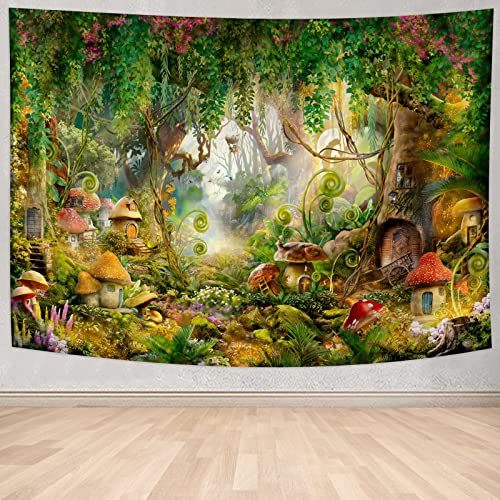 Fantasy Forest Tapestry Enchanted Mushroom Magical Tapestry Fairytale Wonderland Tree House Tapestries Wall Hanging Art for Kids Girl Bedroom Living Room Dorm Decor 78.7'W x 59'L(200x150cm)