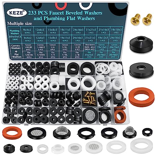 KEZE 233 Pcs Plumbing and Faucet Washers Assortment Kit for Assorted Spigot Water Hose Bib Outside Garden faucet Splitter Gasket Leak Plumbes Valve Stem Worn Out Repair