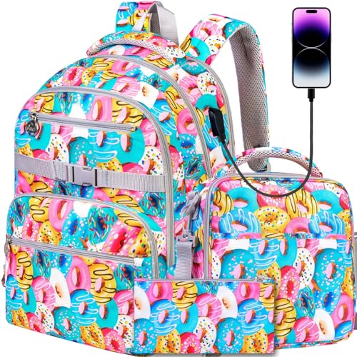 TXHVO 3Pcs Backpack for Girls, Water Resistant Donuts Bookbag,Elementary Backpacks for Teens Students School with USB Charging Port