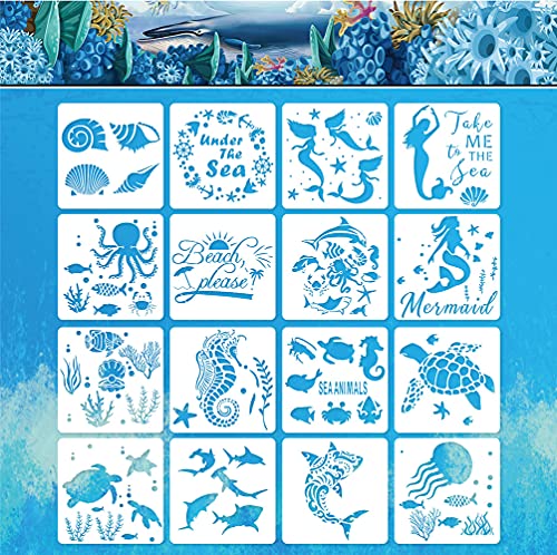 Hying 16 Pieces Summer Sea Stencils for Painting on Wood, Sea Ocean Animals Plastic Stencil Octopus Fish Starfish Dolphin Stencils Template for Wall Summer Beach Pool Party Decorations (6 x 6 inch)