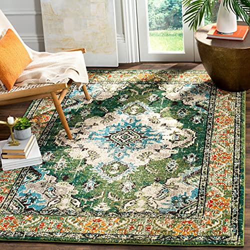 SAFAVIEH Monaco Collection 5' Square Forest Green/Light Blue MNC243F Boho Chic Medallion Distressed Non-Shedding Living Room Bedroom Area Rug