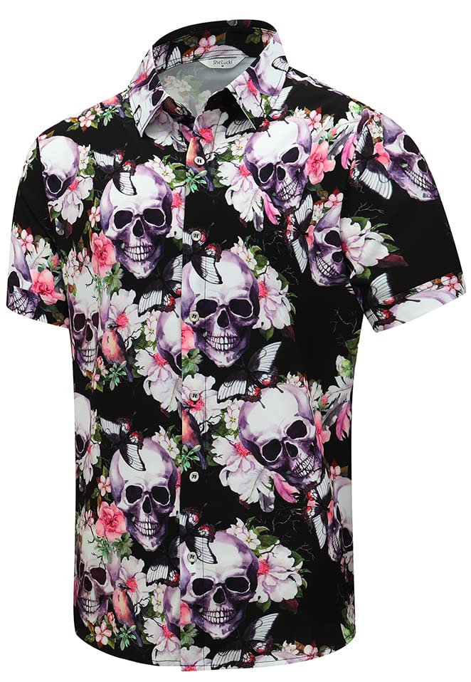 SheLucki Hawaiian Shirt for Men, Unisex Summer Beach Casual Short Sleeve Button Down Shirts, Printed Palmshadow Clothing Skull Pink XL