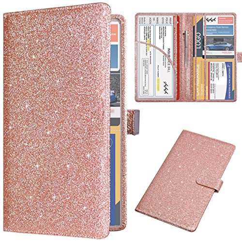 DMLuna Car Registration and Insurance Holder, Leather Vehicle Card Document Glove Box Organizer, Auto Truck Compartment Accessories for Essential Information, Driver License Cards, Glitter Rose