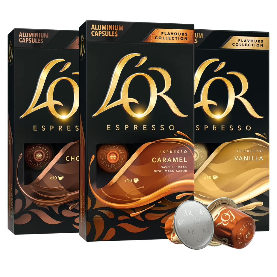 L'OR Espresso Capsules, 30 Count Variety Pack Vanilla/Chocolate/Caramel, Single-Serve Aluminum Coffee Capsules Compatible with the L'OR BARISTA System & Nespresso Original Machines