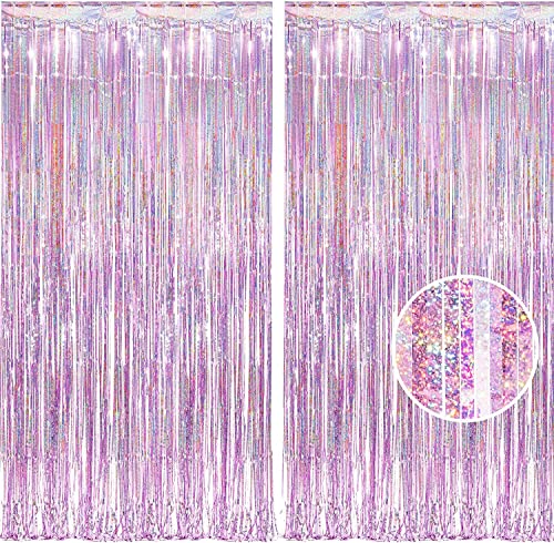BRAVESHINE Pink Tinsel Foil Fringe Curtains - 2 Pcs 3.2x8.2 ft Metallic Holidays Photo Backdrop for Girl Birthdays Bridal Shower Sweet Dount Bachelorette Party Supplies Decorations