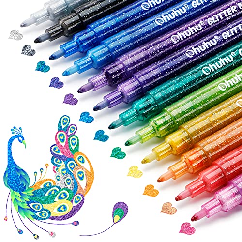 Ohuhu Glitter Markers Pen 12 Glitter Colors Metallic Shimmer Marker Fine Point Tip Water-based Ink for Kids Adults DIY Crafts Greeting Birthday Cards Making Poster Album Scrapbooking Mugs Wood