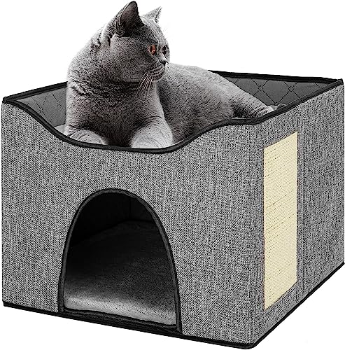 Teodty Cat Beds for Indoor Cats, Large Cat House for Pet Cave Bed with Scratch Pad, Foldable Cat Cube Condo with Reversible Cushion, Hideaway Cat Bed for Multi Small Pet Under 20 lbs, Grey