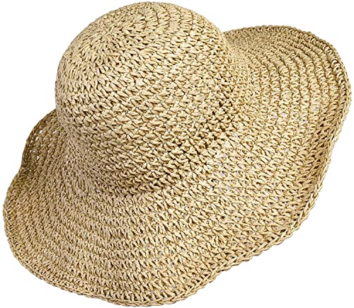 Women Straw Hat Wide Brim Beach Sun Cap Foldable Large Lady Floppy 100% Natural Paper Braided for Travel Decoration Summer Vacation Soft Lightweight and Breathable (Beige)