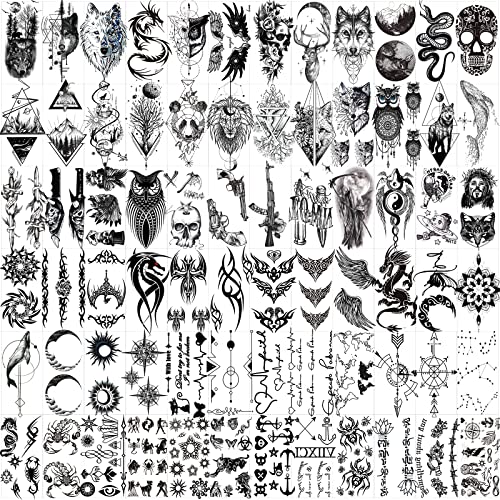 Hotoyannia 72 Sheets Tiny Temporary Tattoos Stickers, Fake Tattoos That Look Real And Last Long, Halloween Tattoos Include Black Scary Wolf Lion Tiger Skeleton Skull Tattoos