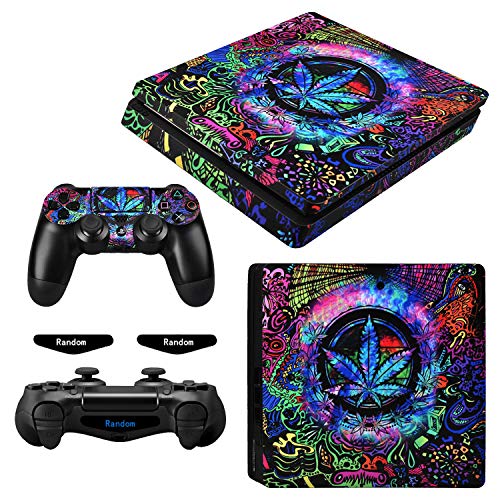 eXtremeRate Full Set Faceplate Skin Decals Stickers and 2 Led Lightbar for ps4 Slim Console & 2 Controller Decal Covers - Psychedelic Cannabis