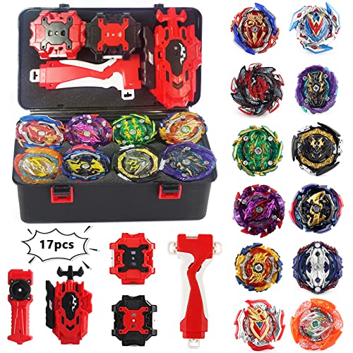 Elfnico Bey Battling Top Burst Gyro Toy Set 12 Spinning Tops 4 Launchers Combat Battling Game with Portable Storage Box Gift for Kids Children Boys