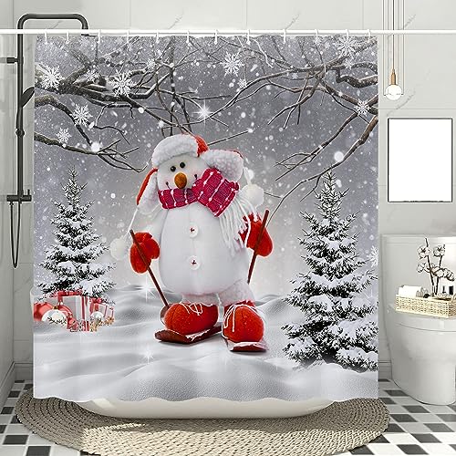cokomi Winter Snowman Shower Curtains for Bathroom Winter Christmas Xmas Pine Tree Covered with Snowy Snowflake Gray Farmhouse Christmas Bathroom Curtain 72x72 Inch Fabric Waterproof with Hooks