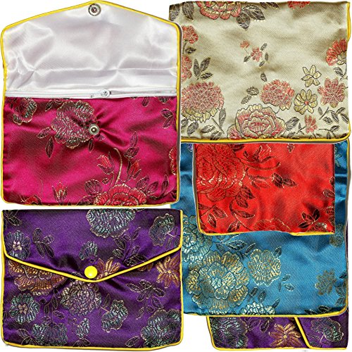 AnsonsImages 6pcs Chinese Silk Jewelry Pouches Mix Colors Red Turquoise Blue Gold 5.5x4.5 Inches