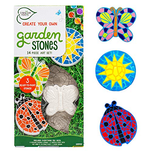 Creative Roots Mosaic Butterfly, Ladybug, & Sun Stepping Stone, Includes 3-Pack 4.5-Inch Ceramic Stepping Stone & 6 Vibrant Paints, Paint Your Own DIY Stepping Stone for Kids Ages 8+